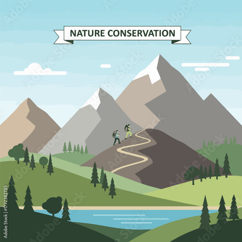 Mountain day vector landscape, hikers climbing mountains, nature conservation theme, flat minimal outdoor design