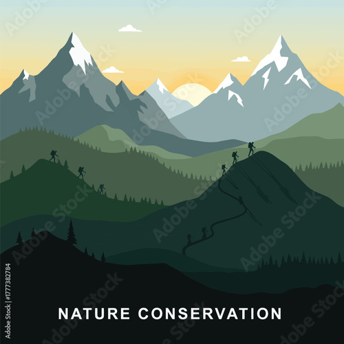 Mountain day vector landscape, hikers climbing mountains, nature conservation theme, flat minimal outdoor design