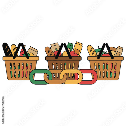 Illustration of three grocery baskets linked by a chain, representing food supply, comparison, or consumer choices.