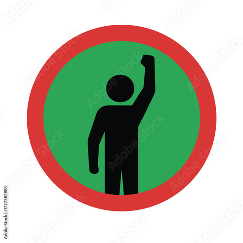 A black silhouette of a person with a raised fist, a symbol of protest, inside a green and red circle.