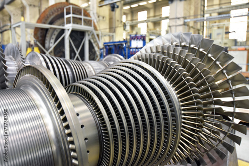 production of modern gas turbines in an industrial plant - closeup of the turbine made of steel