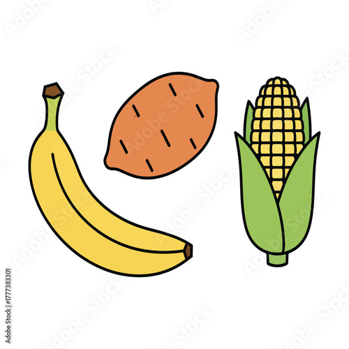A colorful illustration of three starchy foods: a banana, a sweet potato, and an ear of corn.
