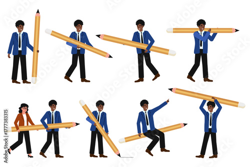 Business professionals engage with oversized pencils in creative illustrations for a humorous presentation