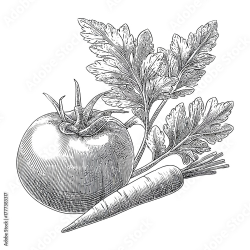 Vintage illustration of tomato carrot and parsley isolated on white