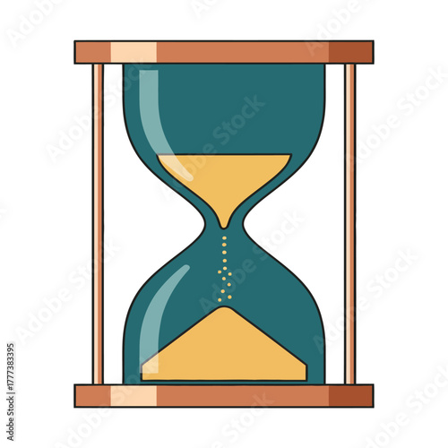 A stylized illustration of a classic hourglass with yellow sand flowing from the top chamber to the bottom.