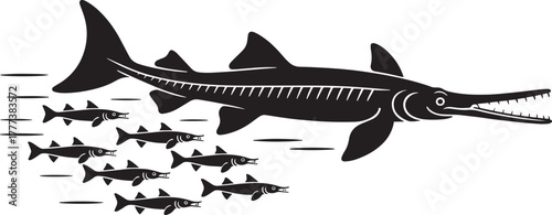 Large Ichthyosaur Silhouette Prehistoric Marine Reptile Swimming With Smaller Group Vector Graphic