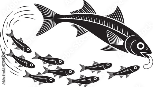 Large predator fish chasing small school of bait fish vector drawing illustration