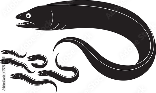 Long snake like eel marine animal silhouette and five small eels swimming vector illustration