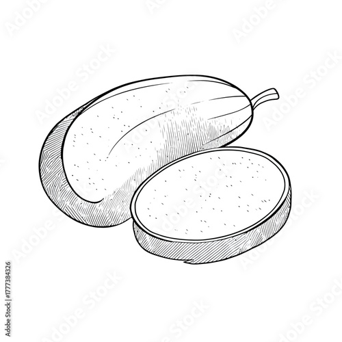 Artistic black and white illustration of butternut squash and slice