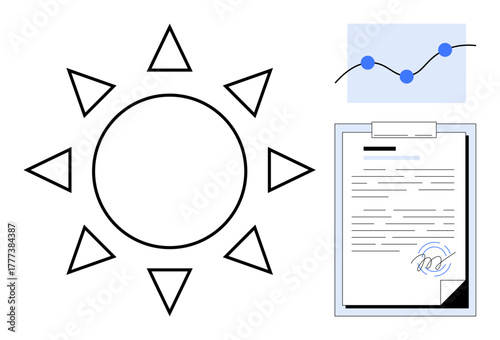 Sun with rays, clipboard featuring a signed document, and upward data graph. Ideal for energy, success, analytics, decision-making, efficiency productivity and professional agreements. Simple flat
