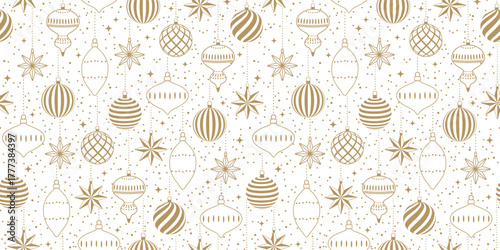 Hand-drawn Christmas seamless pattern with balls and stars on a white background. Vector illustration for gift wrapping paper, fabric, clothing, textiles, surface textures, and scrapbooks.