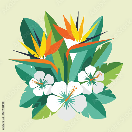 Exotic tropical floral arrangement illustration featuring vibrant Birds of Paradise and elegant white hibiscus blooms nestled among lush green foliage, evoking a sense of paradise and summer bliss