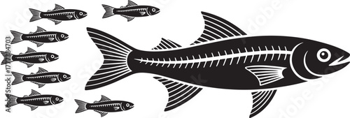 Ocean fish black silhouettes large predator smaller schooling fish marine life vector