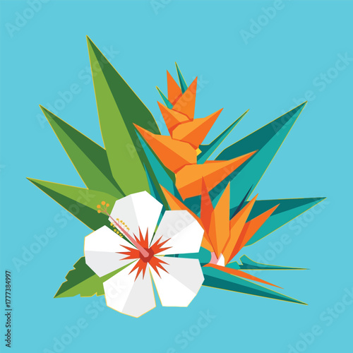 A vibrant and modern geometric illustration of a tropical floral bouquet featuring hibiscus and bird of paradise flowers