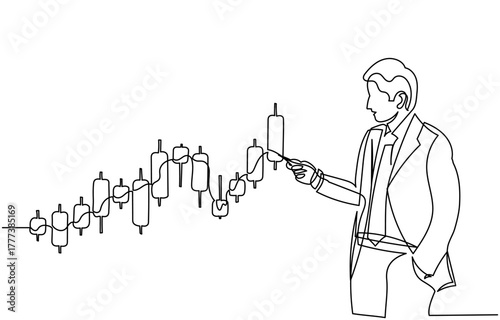Continuous line illustration of a businessperson analyzing a candlestick chart. Financial market concept showing stock or crypto trading graph, investment strategy, and technical analysis.