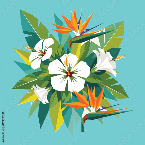 Tropical Floral Arrangement with Hibiscus, Bird of Paradise, and Palm Leaves on Turquoise Background