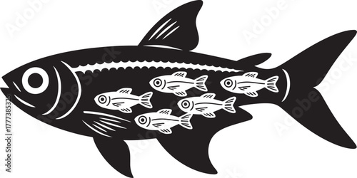 Stylized fish silhouette predator containing small prey fish inside black vector graphic design food chain