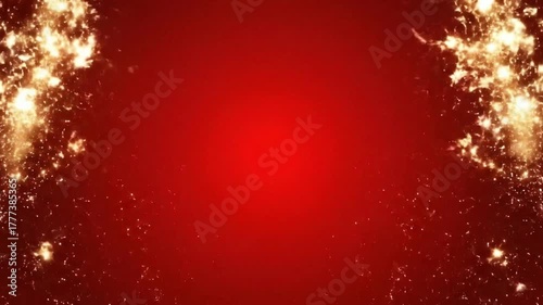 Golden fireworks show on red background. New year's eve fireworks celebration. Chinese New Year design. Concept for holiday. Copy space