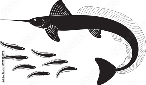 Swordfish marlin game fish silhouette with juvenile fry small fish vector illustration design deep ocean