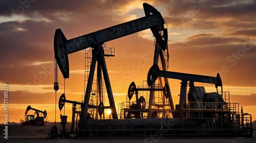 Oil pumps petroleum industry energy fossil fuel extraction drilling machinery sunset silhouette environment production economy resource investment