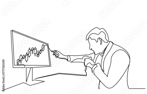 Continuous drawing of a businessman pointing at a computer monitor displaying a financial candlestick chart. Concept of a trader analyzing stock market data, forex, and investment. Vector illustration