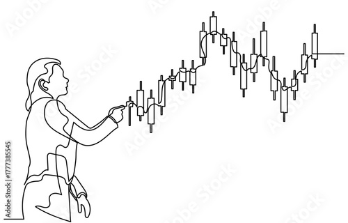 Continuous one line drawing of a businesswoman analyzing a financial candlestick chart. Concept of stock market trading, investment, and data analysis. Vector art illustration.