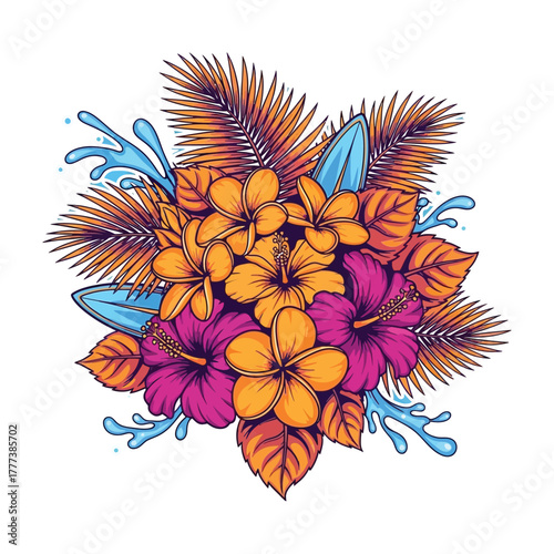 A vibrant summer paradise composition of tropical hibiscus and plumeria flowers, surrounded by palm leaves, water splashes, and surfboards