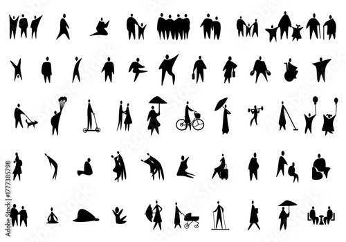 Architecture sketch drawing people with actions silhouettes of people