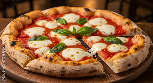 Authentic Neapolitan Margherita Pizza with Mozzarella, Tomato Sauce, and Fresh Basil Leaves, Sliced and Served on a Wooden Board.