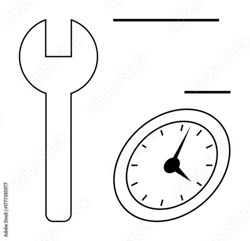 Wrench beside analog clock emphasizes time management, repair schedules, and mechanical tasks. Ideal for maintenance, productivity, efficiency, time management, engineering, workflow simplicity
