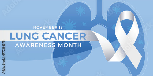 Lung cancer awareness month - White ribbon to long line on blue lung with cancer cell sign background vector design
