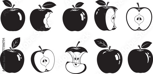 Whole bitten and sliced apples with leaves fruit food