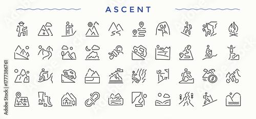 Ascent icon set. Sign and Symbol. Editable vector. Camping icon collection. Contains outline symbols like outdoor, hike, campfire, adventure, camp, mountain and more.