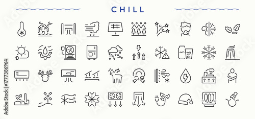 Chill modern icon set. Includes symbols for air, condition, cool, wind, vent, ventilation. Editable stroke collections. Cooling icon set.