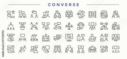 Converse line icon set. Minimal icons pack. Contains such icons as info, call, website, communication, chat, message. Vector illustration. Communication icon set.