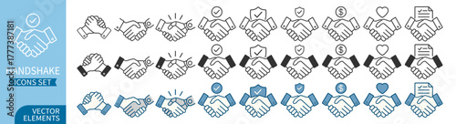 Handshake icons set. Business agreement, partnership and teamwork concept on transparent background