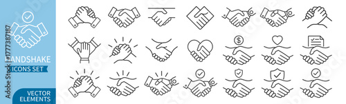 Handshake icons set. Business agreement, partnership and teamwork concept on transparent background