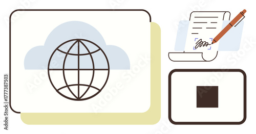 Globe within a cloud, pen signing a document, and block representing data. Ideal for technology, global communication, digital signature, cloud storage, security, business tools simple flat metaphor