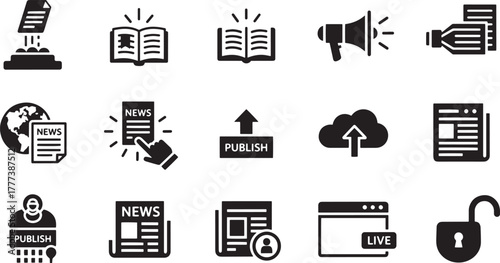 Collection of icons representing publishing and communication document stamping