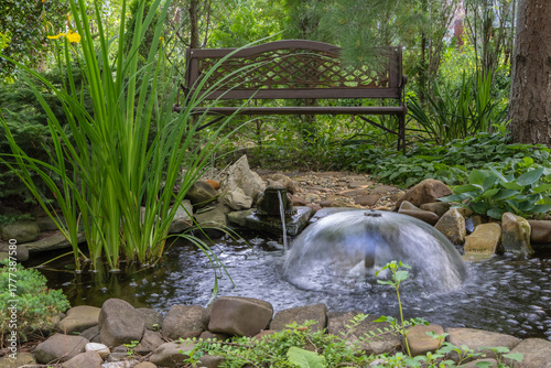 Photos Serene garden pond with bubbling water fountain, surrounded by lush greenery, tall plants and rustic wooden bench in background