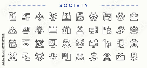 Society line icon set. Thin outline icons pack. Vector illustration. Corporate related icon set. Related to social, corporate, organisation, friends, public and more.