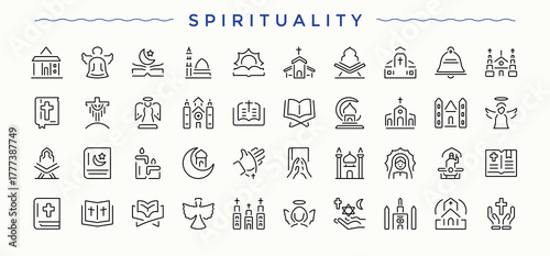 Spirituality icon. Yoga icon set. Thin outline icons pack. Contain linear sign peace, lotus, relaxation, wellness, relax and more. Editable vector stroke.