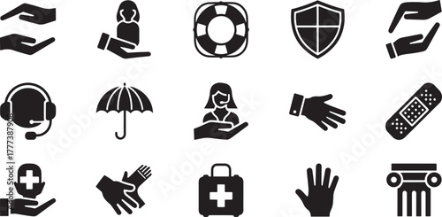 Hands shield lifebuoy umbrella person headset bandage medical kit column vector
