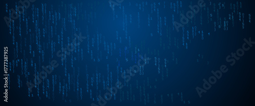 Blue binary rain background with glowing number digits. Abstract matrix effect, digital data stream.
