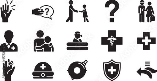 Medical icons showing health care symbols and human interactions doctor patient