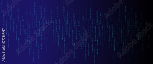 Blue binary rain background with glowing number digits. Abstract matrix effect, digital data stream.