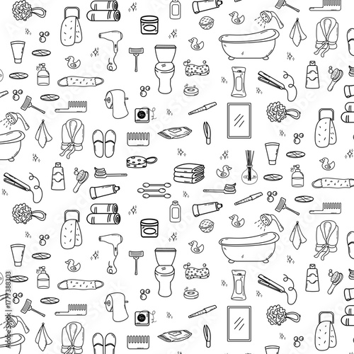 cute Bathroom hand drawn doodle bath accessories seamless pattern