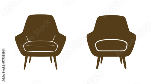 Icon of a soft armchair featuring a backrest and legs. It's a silhouette seen from the front. A simple flat graphic illustration in vector format.