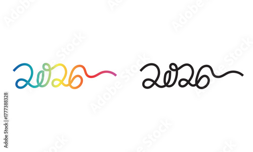 Creative 2026 typography made from curved lines. Minimalist art of the number 2026 drawn with continuous flowing lines in black and rainbow colors, symbolizing creativity and new year celebration.
