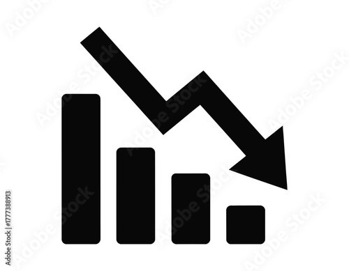 Bar Chart with Downward Arrow Icon: Business Loss, Financial Crisis, and Decline Vector.